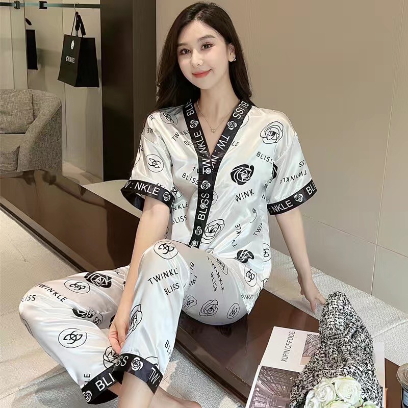 (หลาย) ผู้หญิงคอวีฤดูร้อนผ้าไหมน้ําแข็งแขนสั้นกางเกงคาร์ดิแกนเนียนชุดนอนชุด - รูปที่ 6