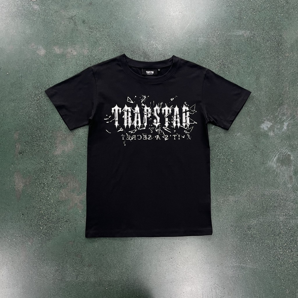 ((Raya 2024) Trapstar เสื้อยืด Broken Letter พิมพ์ครึ่งแขนชายผ้าฝ้ายแท้ Breathable Casual หลวม