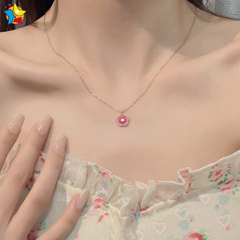 เครื่องประดับ สร้อยคอโซ่ จี้เพทาย รูปดอกไม้ สีชมพู สไตล์เกาหลี สําหรับผู้หญิง