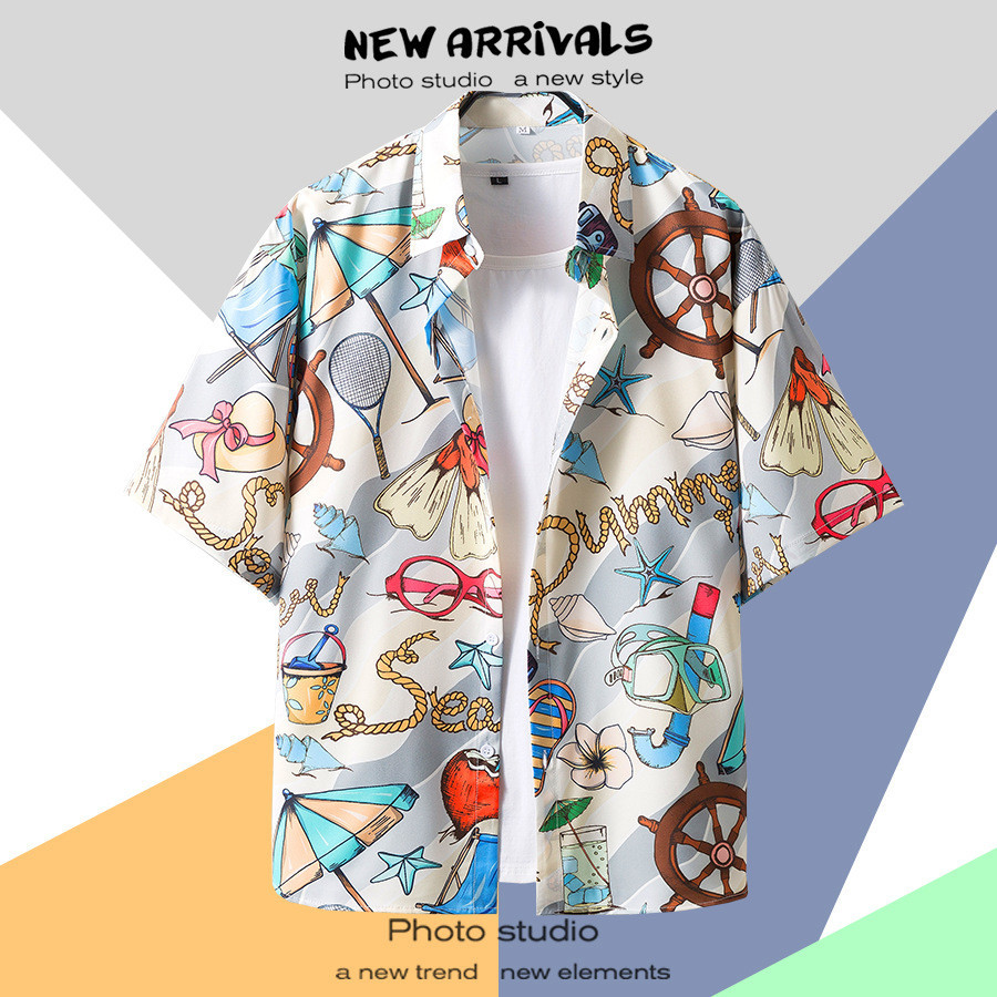 พร้อมส่ง เสื้อฮาวาย (ลาย Summer ชายหาด) ชาย หญิง เสื้อเชิ้ต เสื้อสงกรานต์ แขนสั้น สไตล์เกาหลี ติดกระดุมหน้า