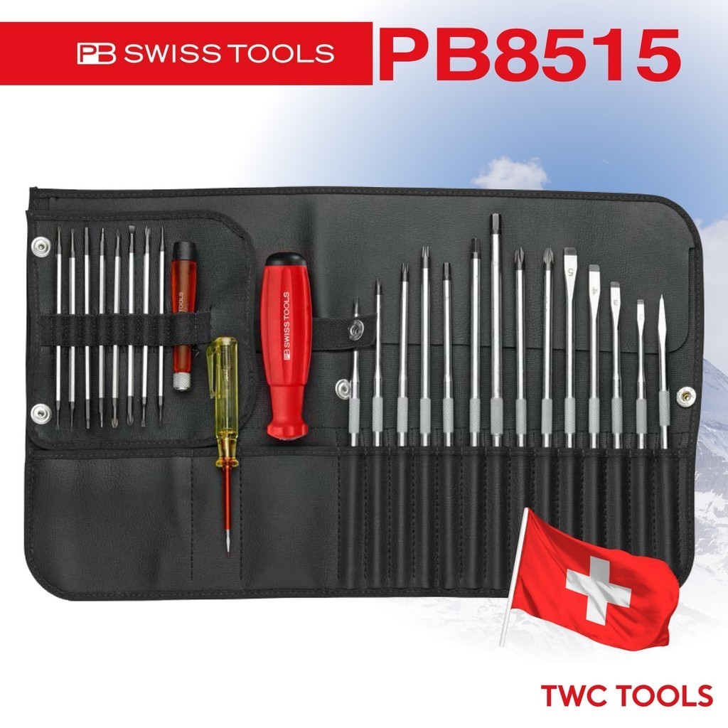 PB Swiss Tools ชุดไขควงซองหนัง พร้อมไขควงวัดไฟ รุ่น PB 8515 ไขควงลองไฟ 25 ชิ้น 31 แบบ Swiss Made PB8