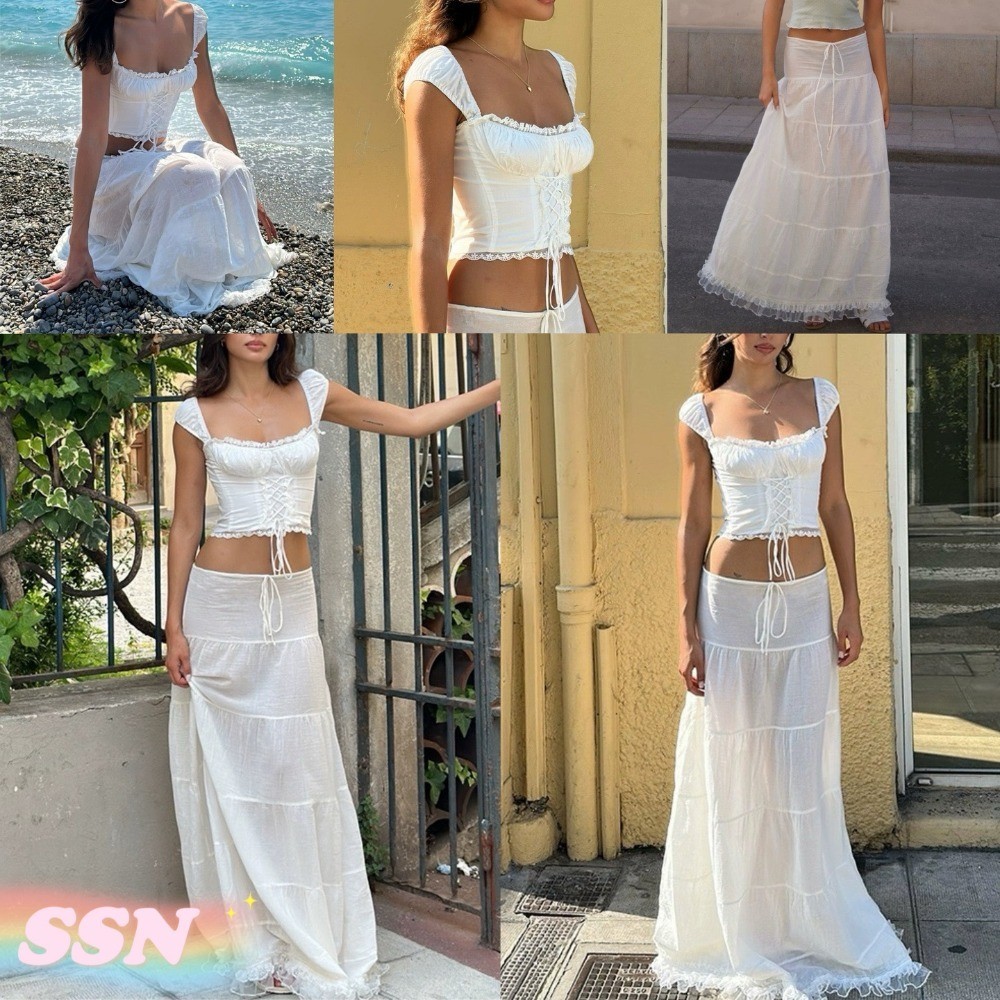 (จัดส่งจากกรุงเทพฯ) เสื้อลูกไม้ฝรั่งเศสของผู้หญิงใหม่ ชุดกระโปรงสไตล์รีสอร์ทเย็บปะติดปะต่อสีทึบ 045