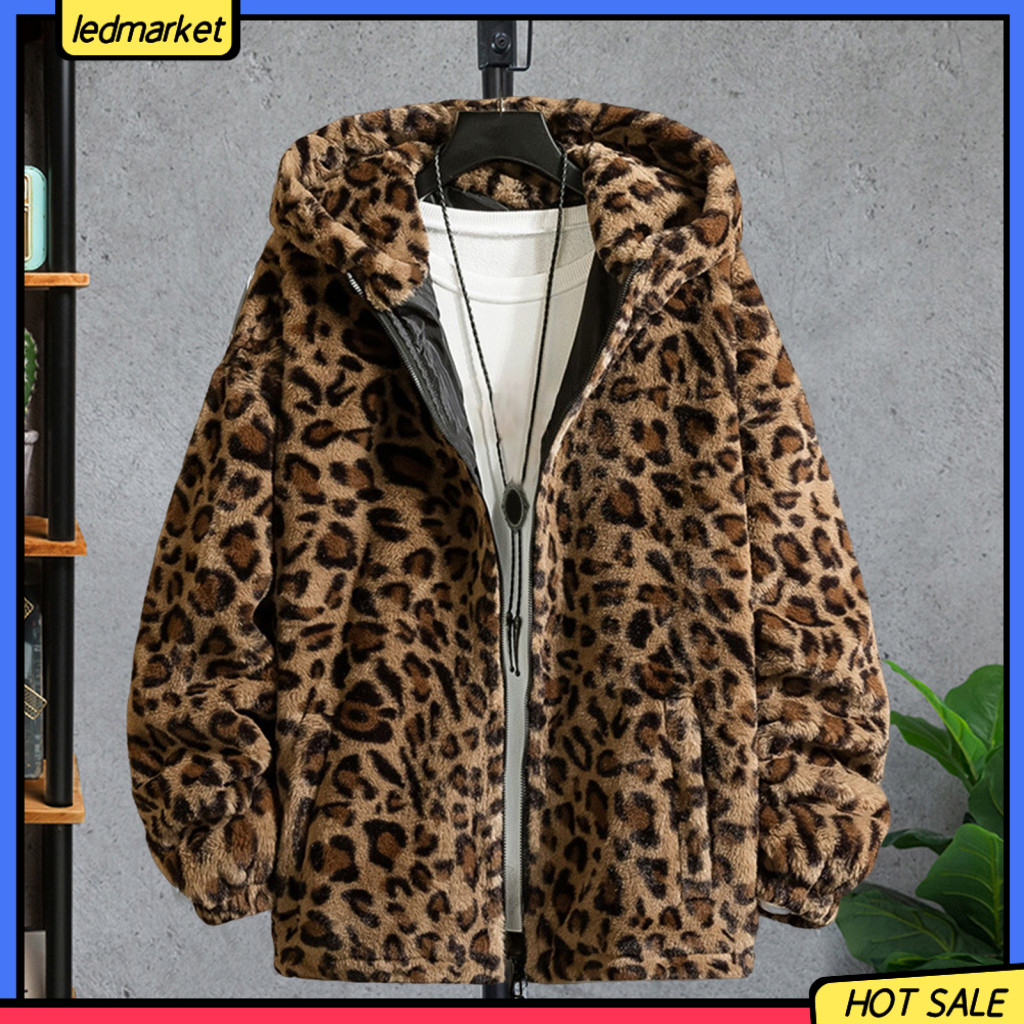 (Ledmarket) เสื้อแจ็กเก็ตแขนยาว มีฮู้ด ผ้ากํามะหยี่ขนนิ่ม แบบหนา แต่งซิป พิมพ์ลายเสือดาว แฟชั่นฤดูหนาว สําหรับผู้ชาย