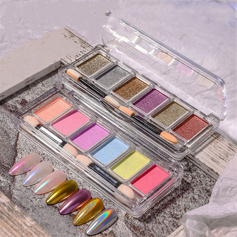 ผงขัดกระจก ตลับ 6 สี กล่องดำ Solid Pigment 6 สี ตลับยาว - wenails