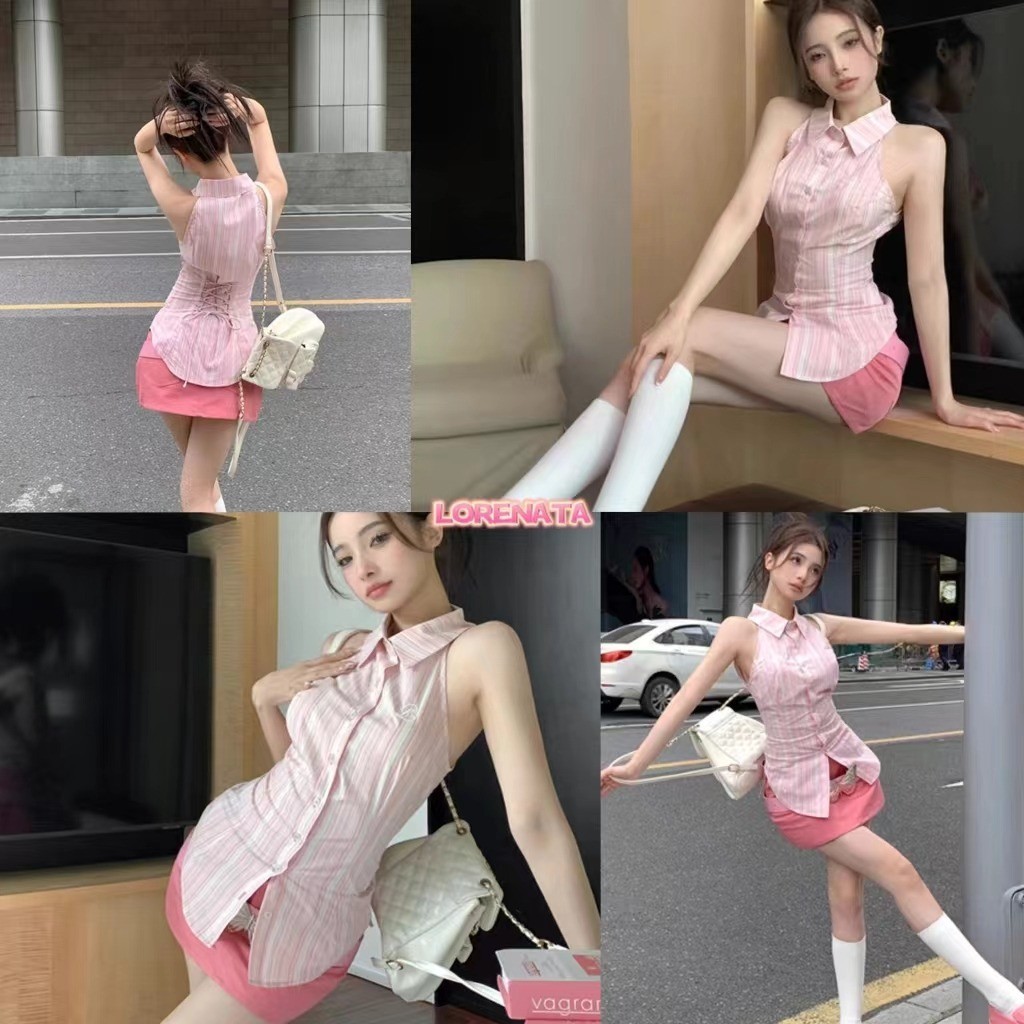 LORENATA (จัดส่งจากกรุงเทพฯ) สไตล์ใหม่ของผู้หญิง ฤดูร้อนสีทึบ เซทเสื้อลายน่ารัก+กระโปรงสะโพกเอวสูงชุดสองชิ้น