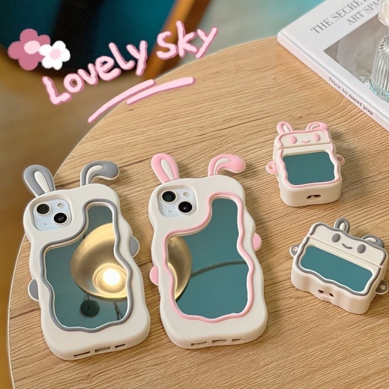 เคสโทรศัพท์มือถือกระจก กันกระแทก ลายกระต่ายน่ารัก สีชมพู สีเทา สําหรับ IPhone 11 12 Pro Max X XR XS Max SE 7 Plus 8 Plus 13 Pro Max 14 15 Pro Max