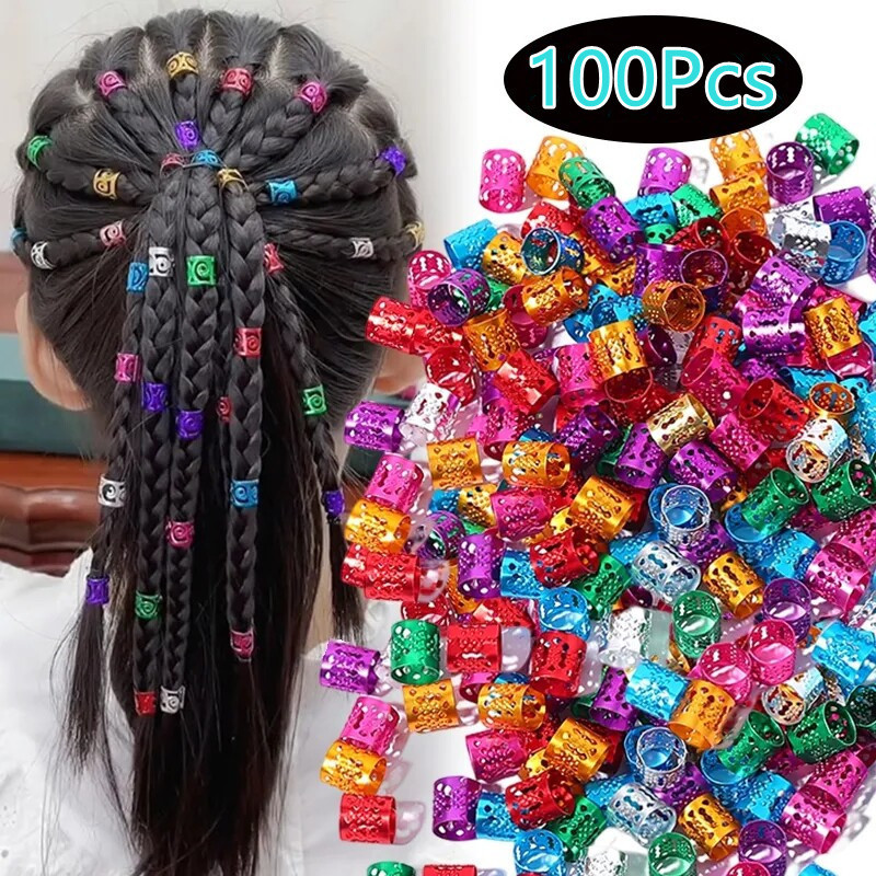 100ชิ้นที่มีสีสันผสมลูกปัด-ปรับผมถักเปีย-แหวนผมถักเปีย-หดลูกปัด-อลูมิเนียมถักเปียอุปกรณ์ผม