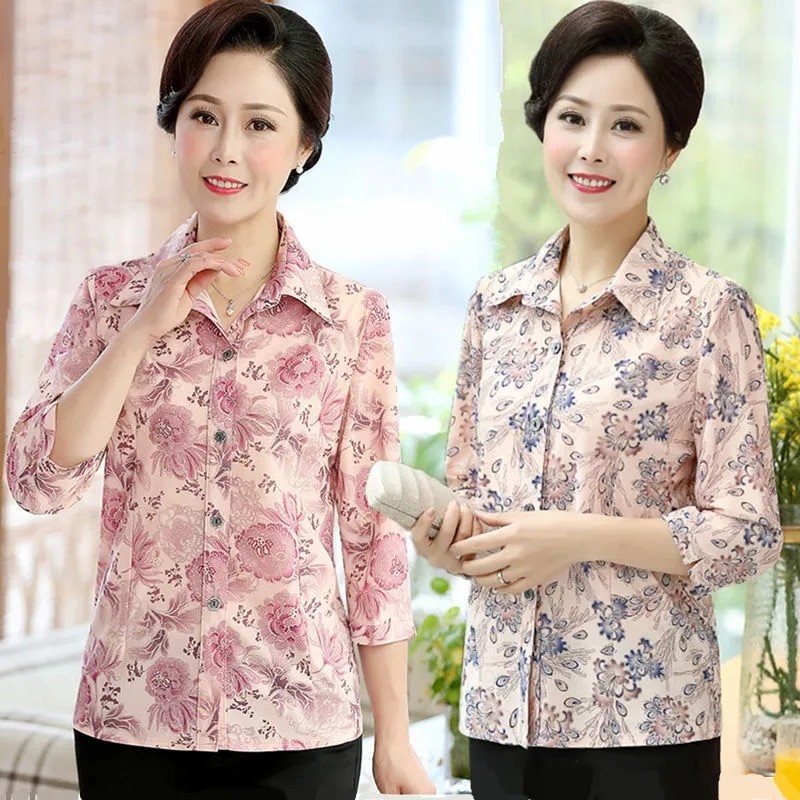 เสื้อเชิ้ตแขนสั้น คอปก ทรงหลวม ลายดอกไม้ สไตล์เกาหลี สําหรับผู้หญิงวัยกลางคน และผู้สูงอายุ