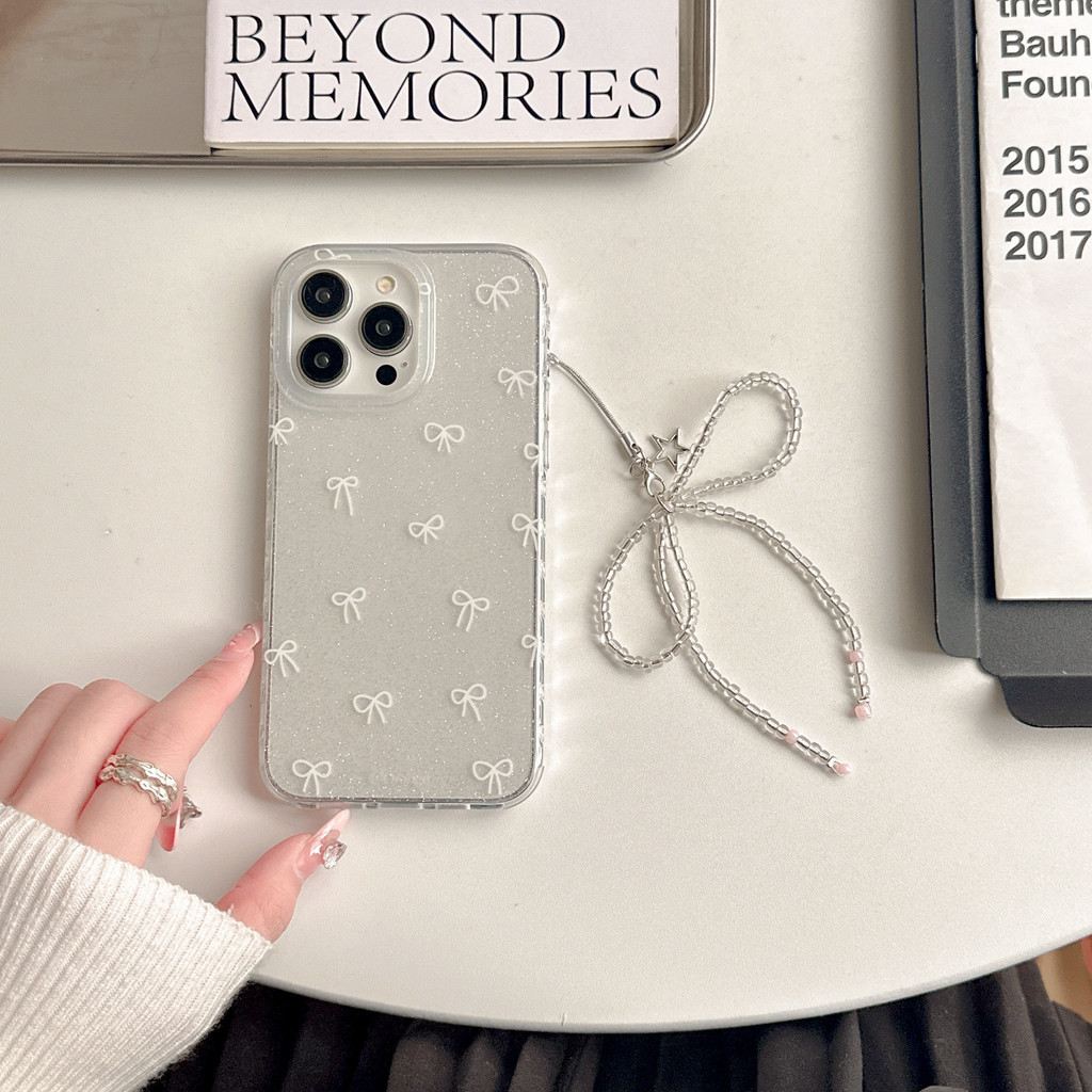 Glitter ฝาครอบ IMD สองด้านสีขาว Bowknot สําหรับ Apple IPhone 16 15 14 13 12 Pro Max เคสกันกระแทก