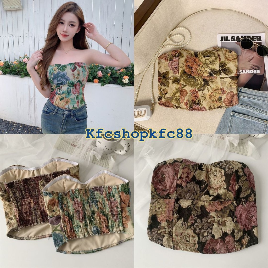 KFC เสื้อเกาะอก มีฟองน้ำ ลายดอกไม้ ด้านหลังสม๊อคยืดได้ #H17