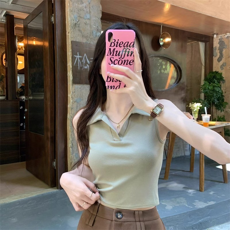 เสื้อแขนกุดลําลอง คอปก แบบเข้ารูป สามารถพับได้ สุดเซ็กซี่ แฟชั่นฤดูร้อน สไตล์เกาหลี สําหรับผู้หญิง