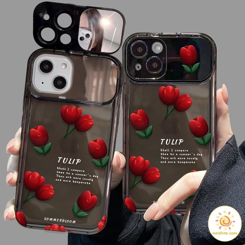กระจกพลิก กระจกแต่งหน้าดอกกุหลาบสีแดงเข้ม ไอโฟน11 For iPhone12 13 14 15Pro MAX X XS XR XS 6 7 8Plus SE2020 เคสโทรศัพท์