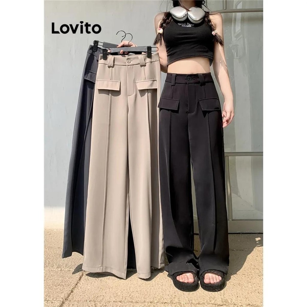 Lovito กางเกงผู้หญิง มีซิป กระดุมหน้า มีกระเป๋า สีพื้น สไตล์ลำลอง LNA50168