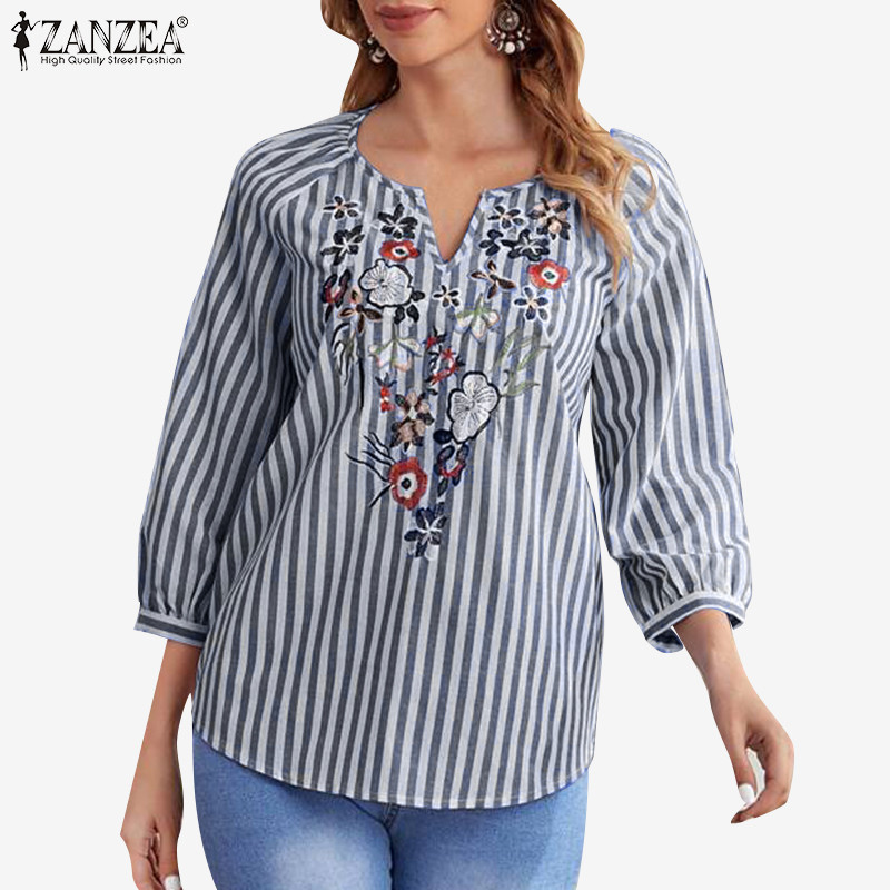 Zanzea เสื้อเบลาส์ลําลอง คอวี ปักลายดอกไม้ สไตล์วินเทจ สําหรับผู้หญิง