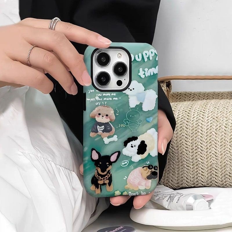 เคสโทรศัพท์มือถือ ลายภาพวาดสีน้ํามัน รูปลูกสุนัขน่ารัก สองชั้น กันกระแทก สําหรับ iPhone 13 14PRO 15 14 P4KD