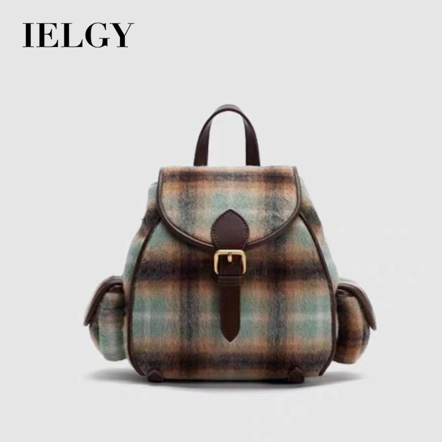 IELGY กระเป๋าเป้สะพายหลังแฟชั่นไล่โทนสีความคมชัดสีลายสก๊อตวิทยาลัยนักเรียนกระเป๋านักเรียนหนังนิ่มกระเป๋าเป้สะพายหลังย้อนย