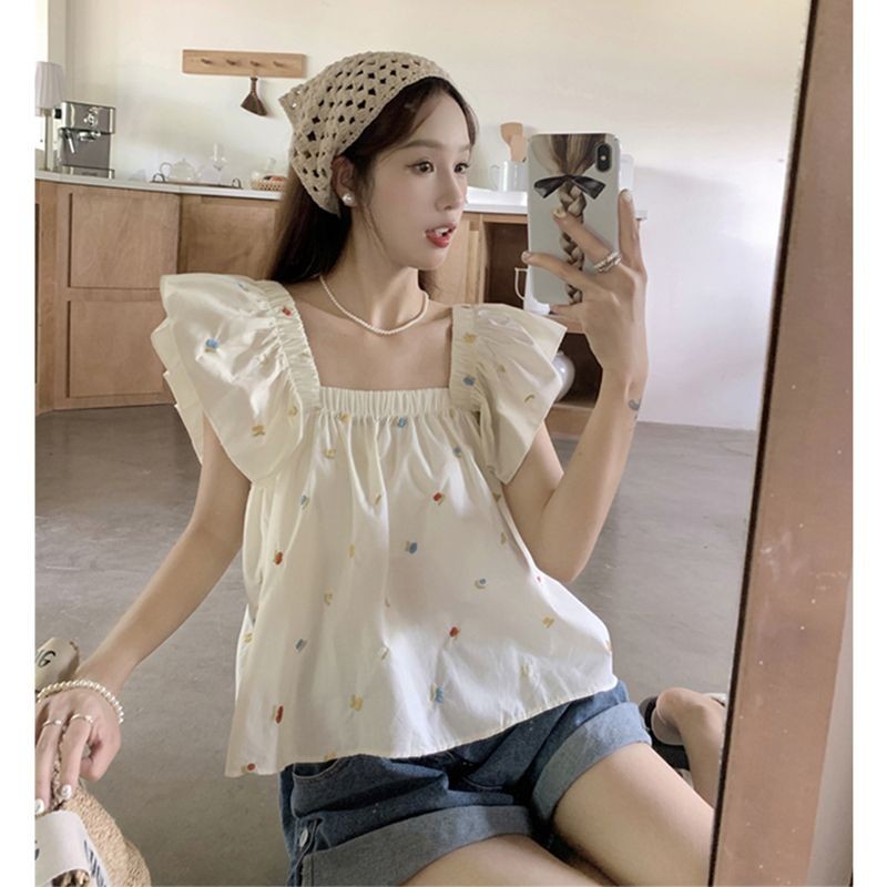 Coco~เสื้อเชิ้ต แขนกุด การพิมพ์แฟชั่น สลิมฟิต สไตล์นักเรียนเวอร์ชั่นเกาหลี จัดส่งภายใน 24 ชั่วโมง