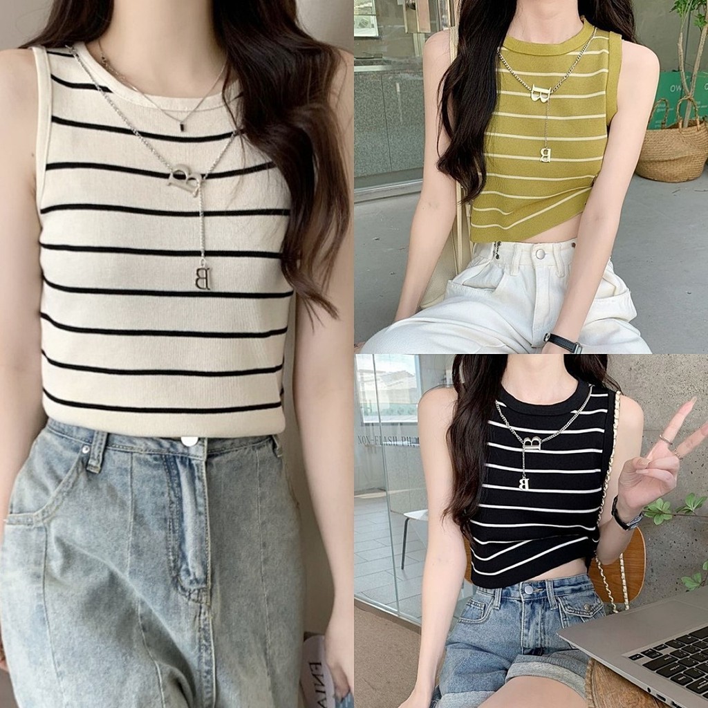 FC พร้อมส่ง เสื้อไหมพรม ทรงแขนกุด ลายริ้ว ทรงตัวยาว 6 สี