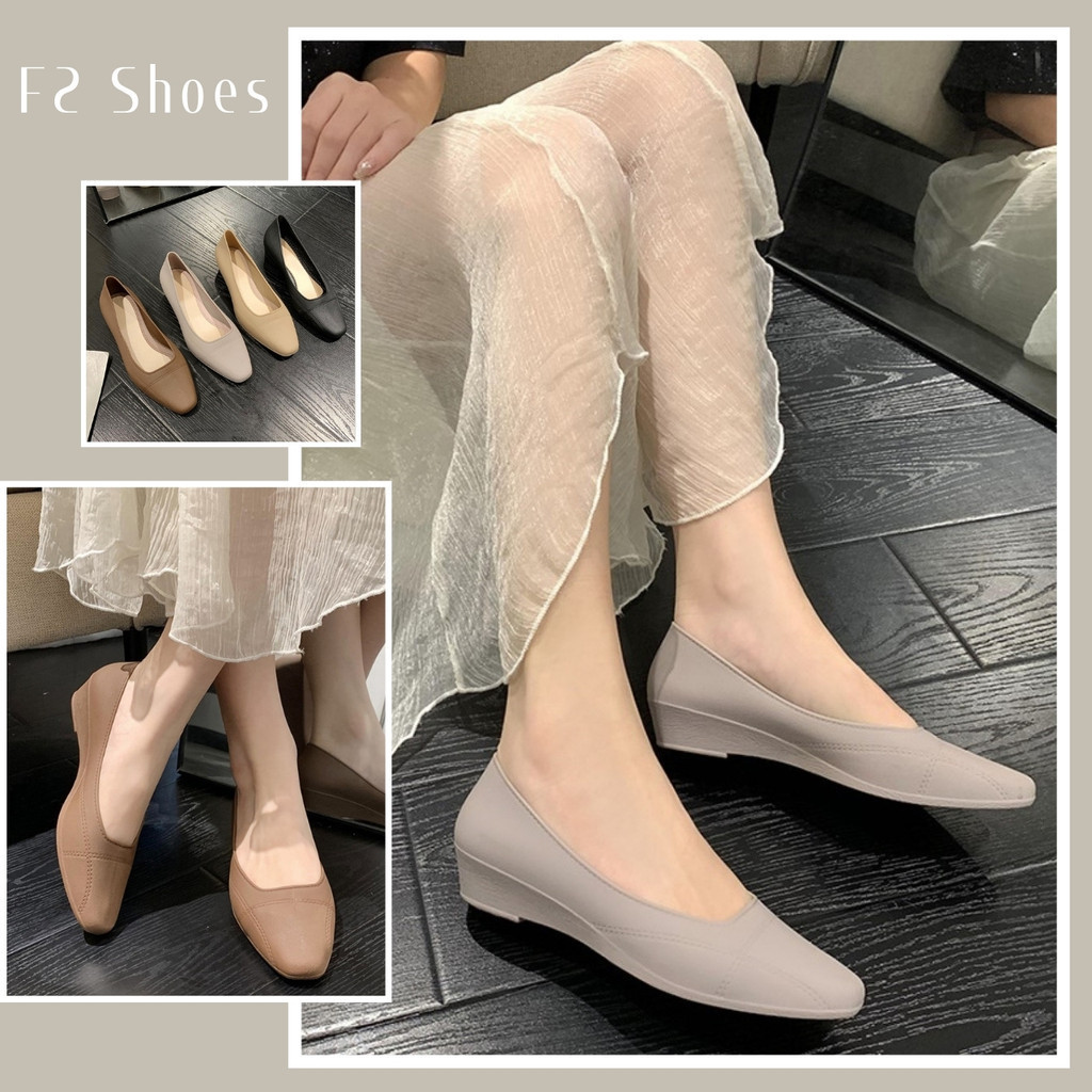 F2 พร้อมส่ง คัชชูยาง รุ่นปลายเรียวหัวตัด แต่งลายเส้นประ มีส้นเล็กน้อย 4 สี เบอร์ 36-40 (2)