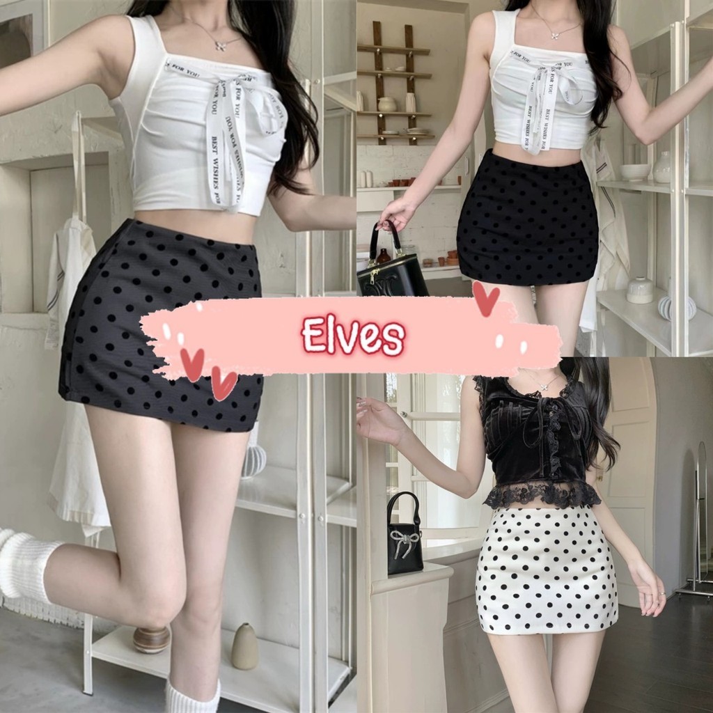 Elves✨พร้อมส่ง✨ กระโปรงทรงเอเอวสูง ลายจุดน่ารัก รัดตัวกำลังดี ~2918~ -NZ-XM