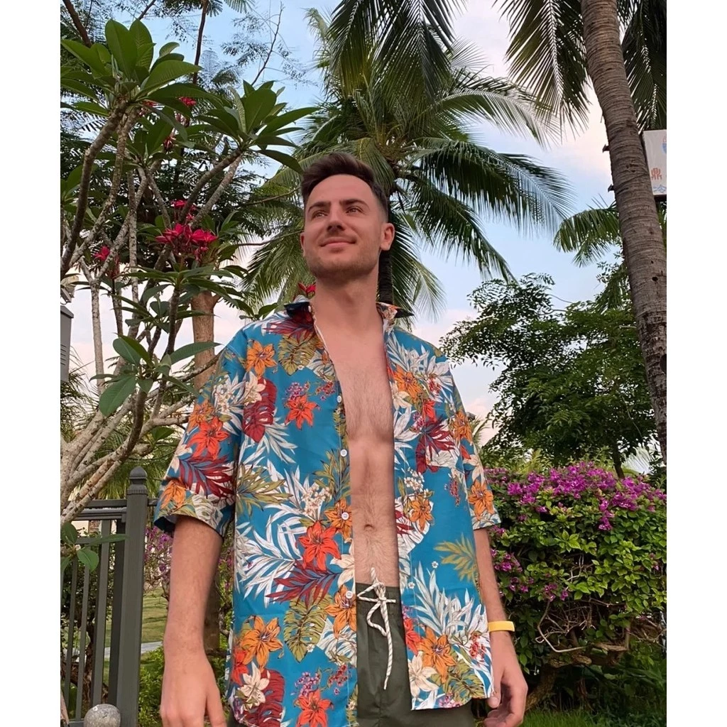เสื้อฮาวายลายดอก ผู้ชาย แขนสั้น ผ้าไหมอิตาลี สีเขียว #305 thumbnail 8