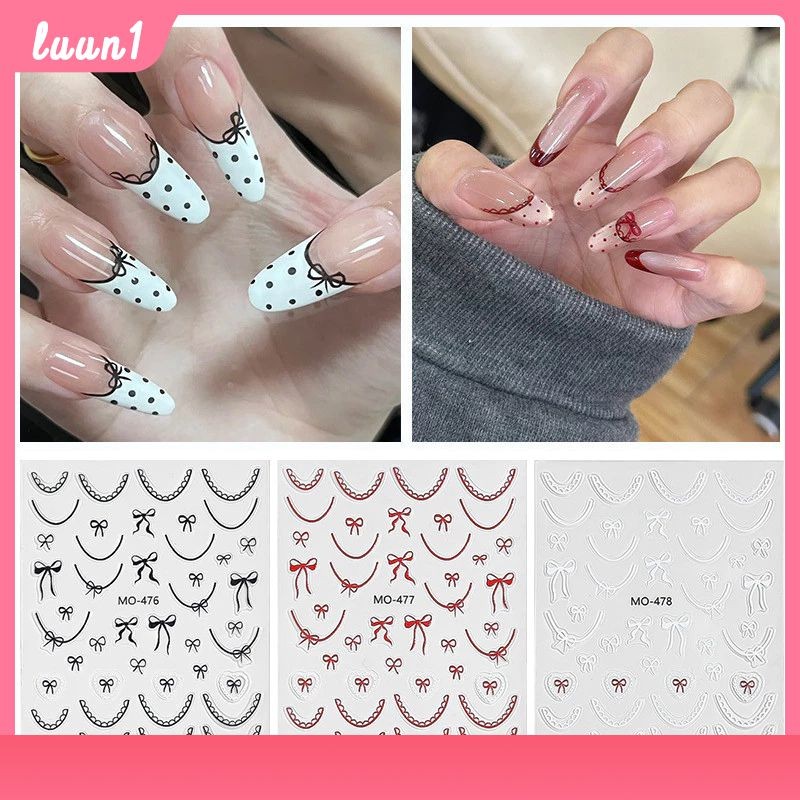 สติ๊กเกอร์ติดเล็บลายเชอร์รี่ ลายโบ รูปเชอร์รี่ สติ๊กเกอร์ติดเล็บลายเชอร์รี่ โบว์ไลน์ น่ารักๆ ลายโบสีดำ/สีขาว/สีน้ำตาลแดง ใช้แกะติดบนเล็บ COD