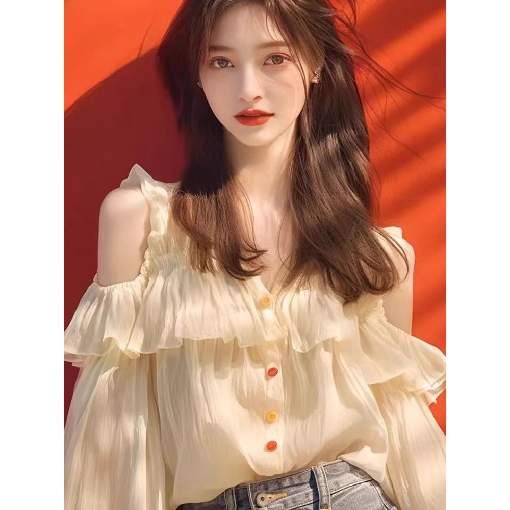 เสื้อเชิ้ตผ้าชีฟองระบายสำหรับผู้หญิงเสื้อชีฟองทรงหลวมสำหรับฤดูใบไม้ร่วงเสื้อแขนยาวที่ไม่มีสายหนังดีไซน์ระดับไฮเอนด์