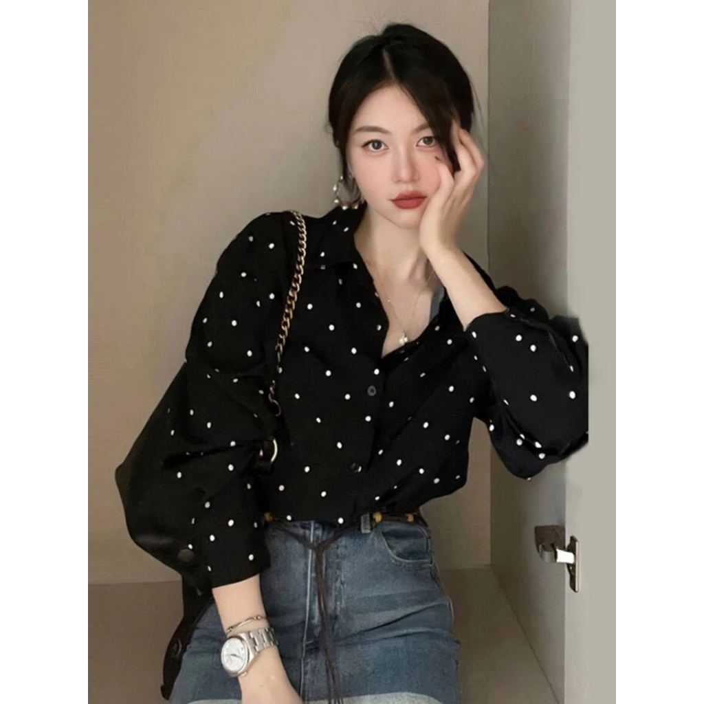 ชุดเสื้อเชิ้ตแขนยาวสไตล์เฮปเบิร์นย้อนยุคเกาหลี ปกสีบล็อก ลายจุด หลวม ลำลอง ใช้งานได้หลากหลาย สำหรับผู้หญิง P1CD