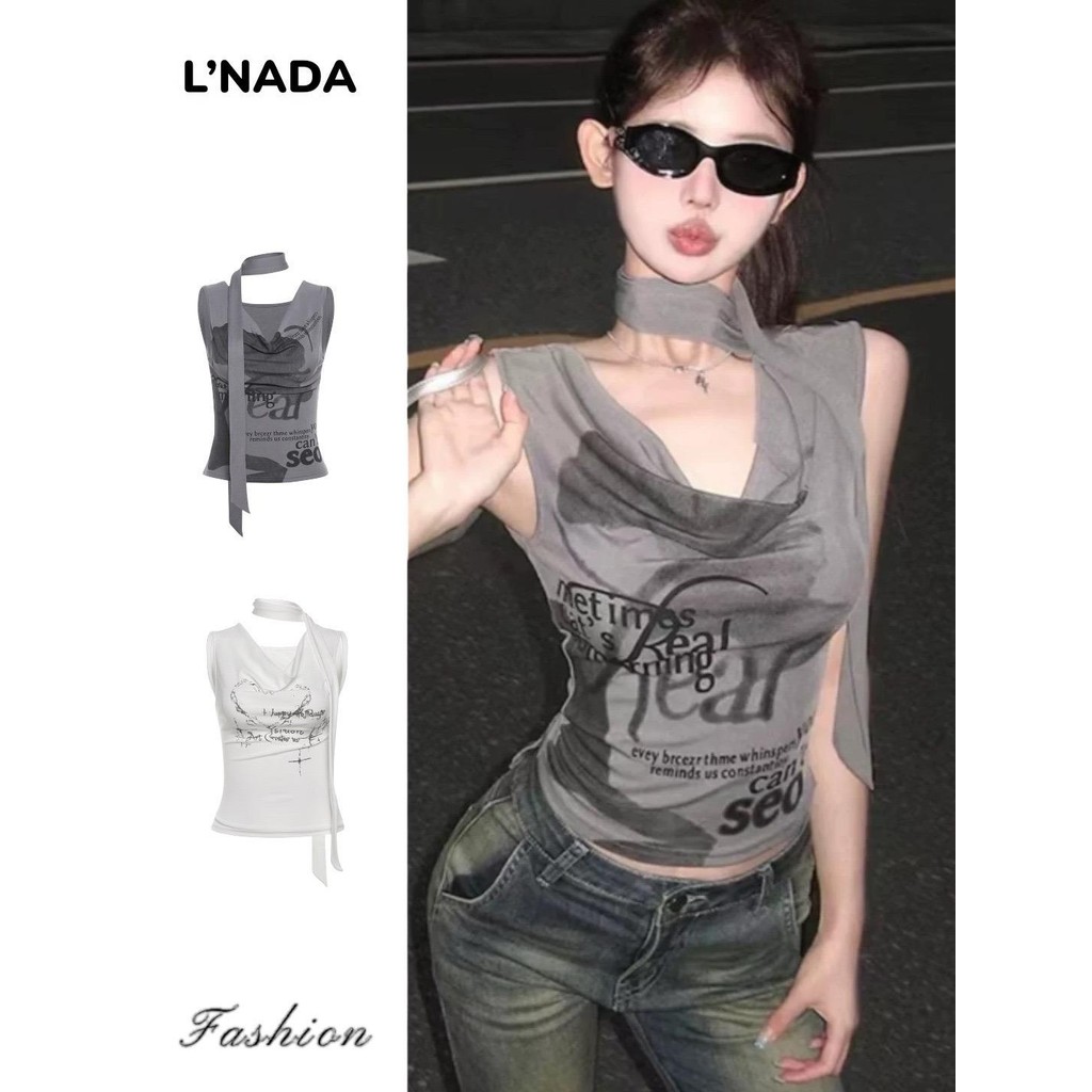 L'NADA【พร้อมส่ง】เสื้อพิมพ์ลาย ดีเทลสายคล้องคอ แฟชั่น2025(3022)