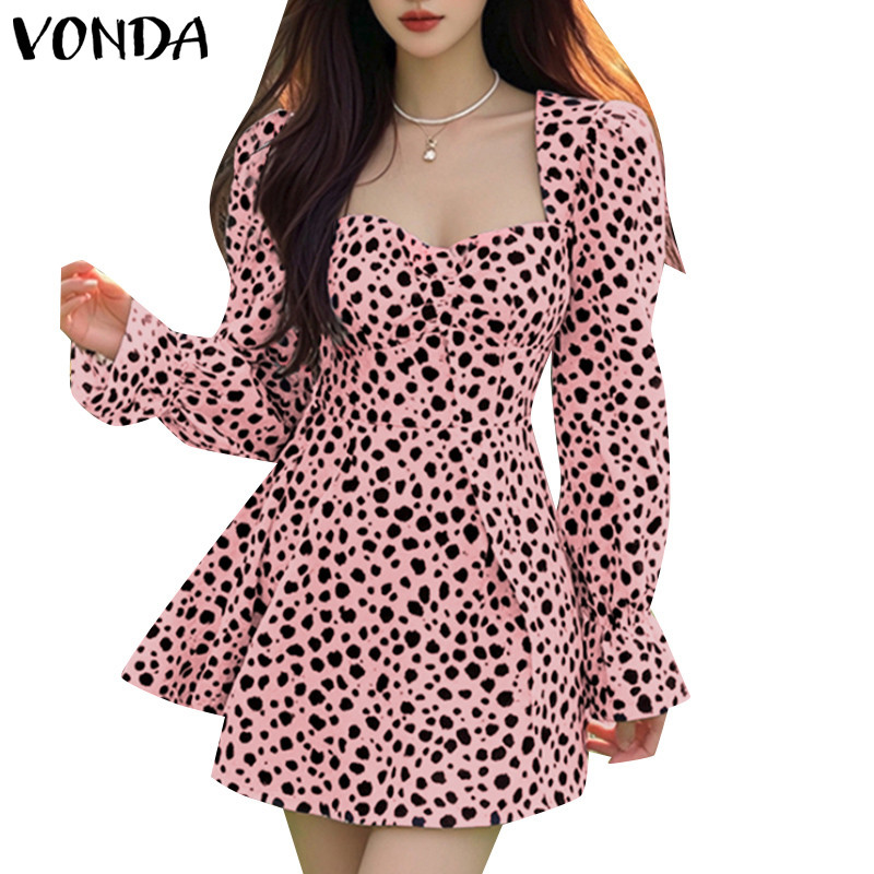 Vonda ชุดเดรสลายจุดคอเหลี่ยมลําลองสําหรับผู้หญิงเกาหลี