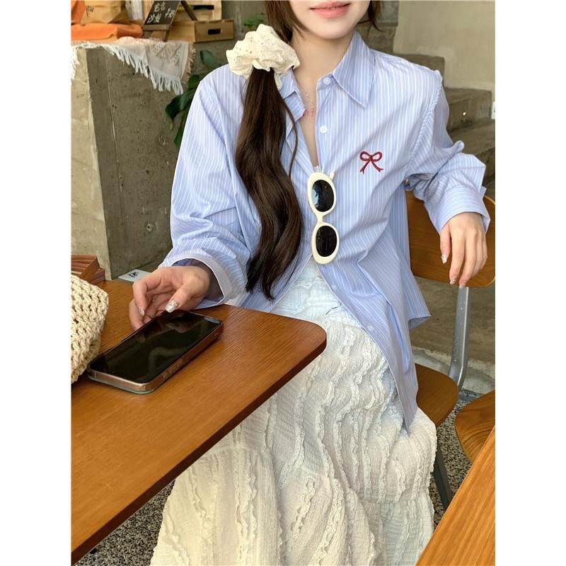 เสื้อเชิ้ตลายทางแขนยาวแฟชั่นสำหรับผู้หญิง#a95