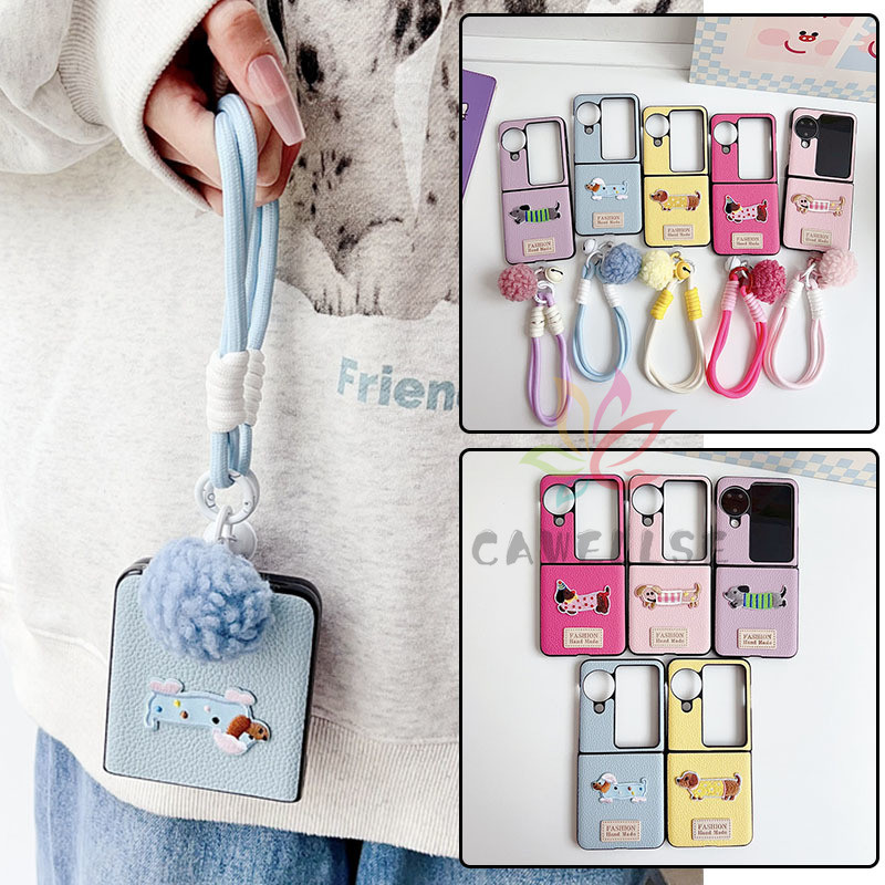 น่ารักการ์ตูนสุนัขปลอกหนัง PU พร้อมเชือกเส้นเล็ก Oppo Find N3 N2 Flip Case พร้อมสร้อยข้อมือ Hairball ปกแข็งกันกระแทก