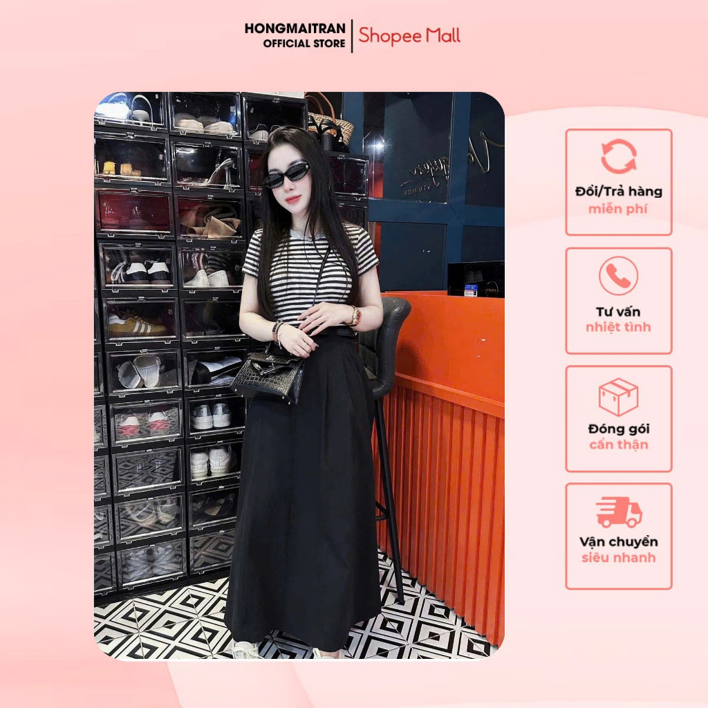 ชุดเสื้อเชิ้ตลายทางขาวดําพร้อมกระโปรงยาวพองหรูหราอ่อนโยน Hong Mai Tran Store ST17293