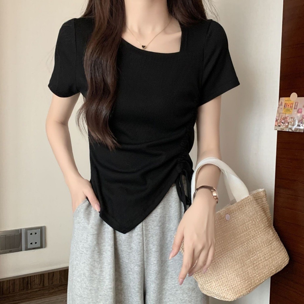 เสื้อสีดํา แฟชั่น เกาหลี ออกงาน รัดรูป ทํางาน สาวอวบ ยาว เสื้อไปทะเล black top เสื้อ oversize ผู้หญิง