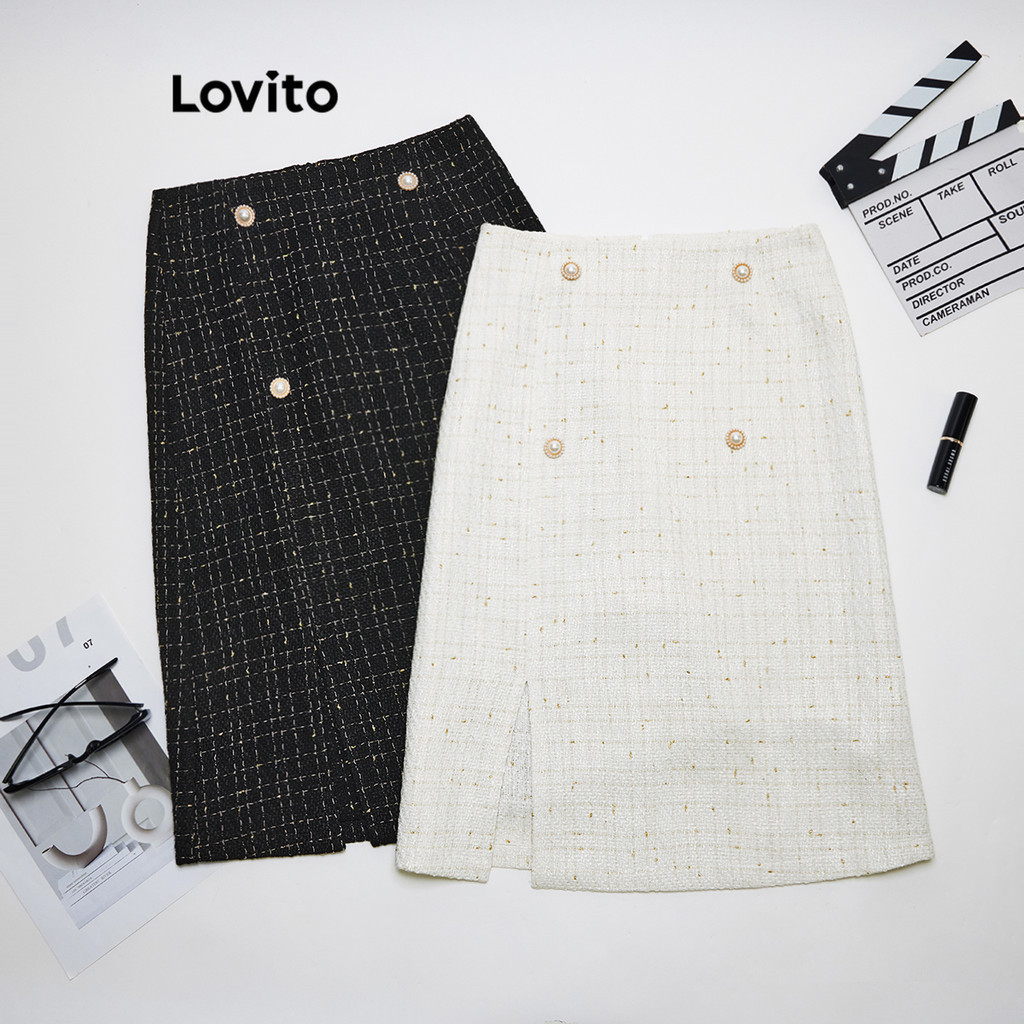 Lovito กระโปรงผู้หญิง มีกระดุม สีพื้น หรูหรา LNE42282