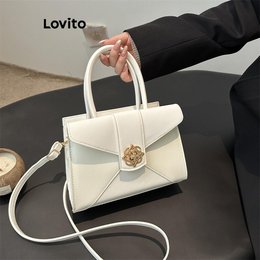 Lovito กระเป๋ากระเป๋าถือทรงพนังโลโก้โลหะธรรมดาหรูหราสําหรับผู้หญิง LFA65129