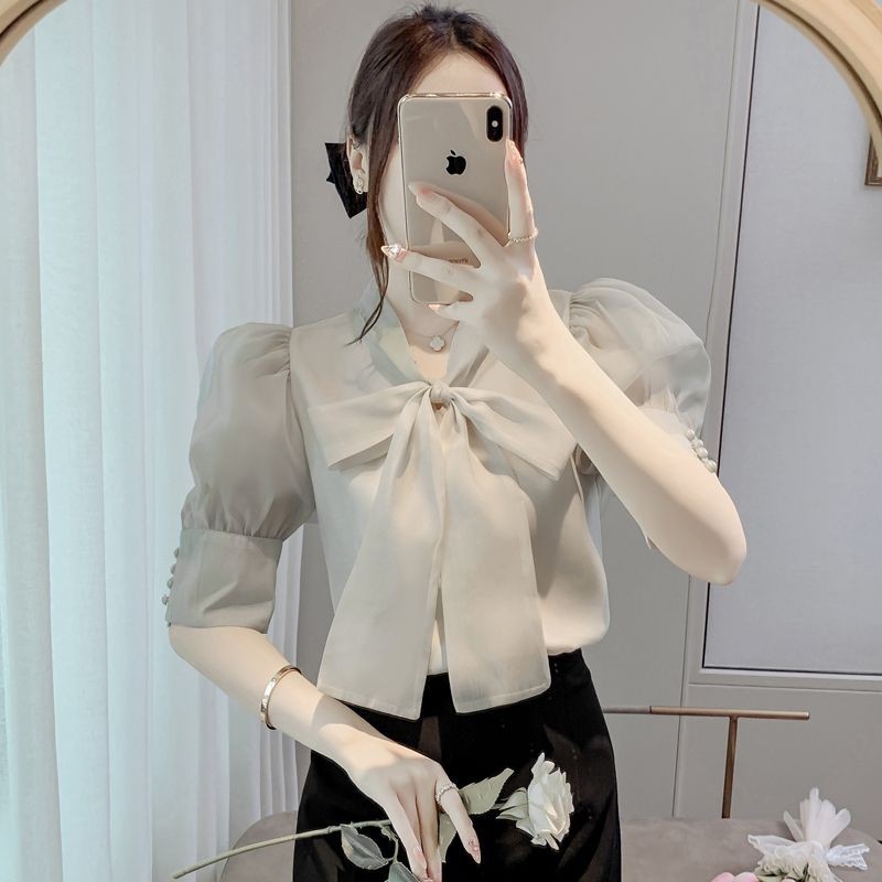 เสื้อเชิ้ตแขนพัฟ ผ้าชีฟอง ประดับโบว์ สไตล์ฝรั่งเศส แฟชั่นฤดูร้อน สําหรับผู้หญิง