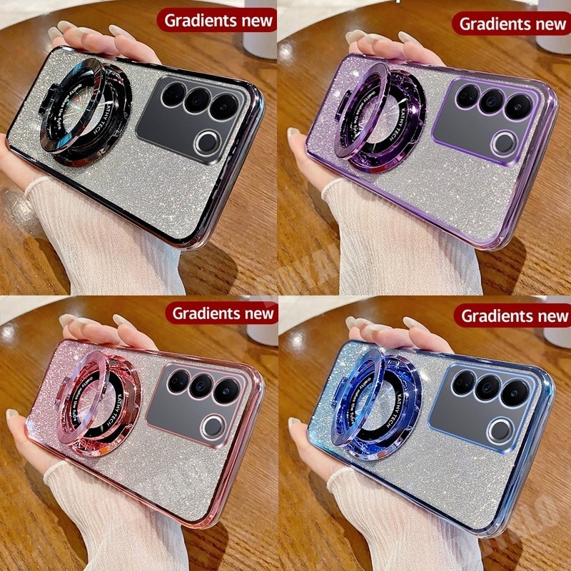 เคสโทรศัพท์มือถือ กันกระแทก แต่งกลิตเตอร์ไล่โทนสี พร้อมขาตั้งแม่เหล็ก หรูหรา สําหรับ Vivo V29 V27 V25 Pro 5G V29E V27E V25E V23E V23 5G V21E V21