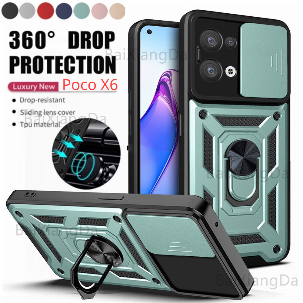 สําหรับ Xiaomi Poco X6 M6 F6 pro X6pro M6pro F6pro PocoX6 PocoX6pro PocoM6pro 4G 5G เคสโทรศัพท ์ โลหะเกราะแหวนวงเล ็ บ Stent Push กล ้ องกันกระแทกป ้ องกันปลอกแข ็ ง