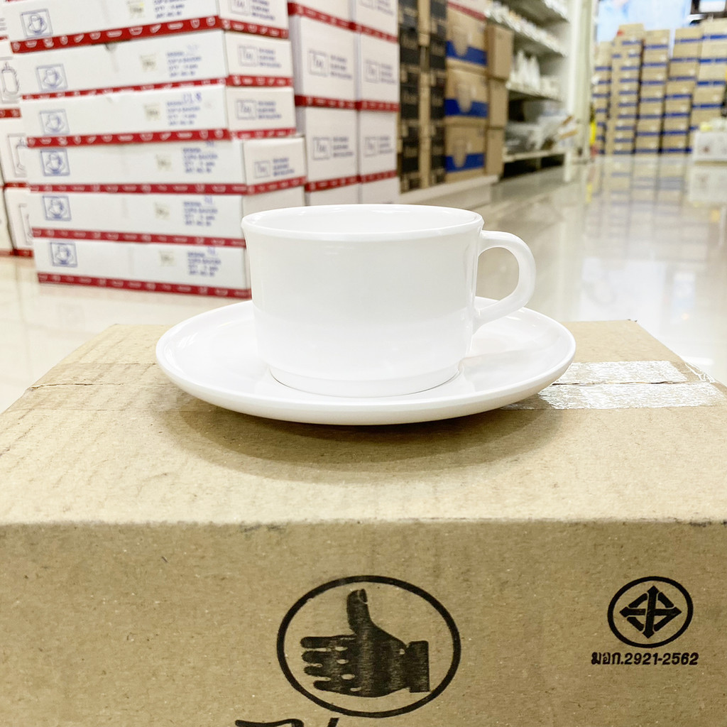 [1ชุด/CP991] แก้วกาแฟเมลามีน พร้อมจานรองแก้ว สีครีมขาว ตรามือ Unica Melamime Coffee Cup Set x 1