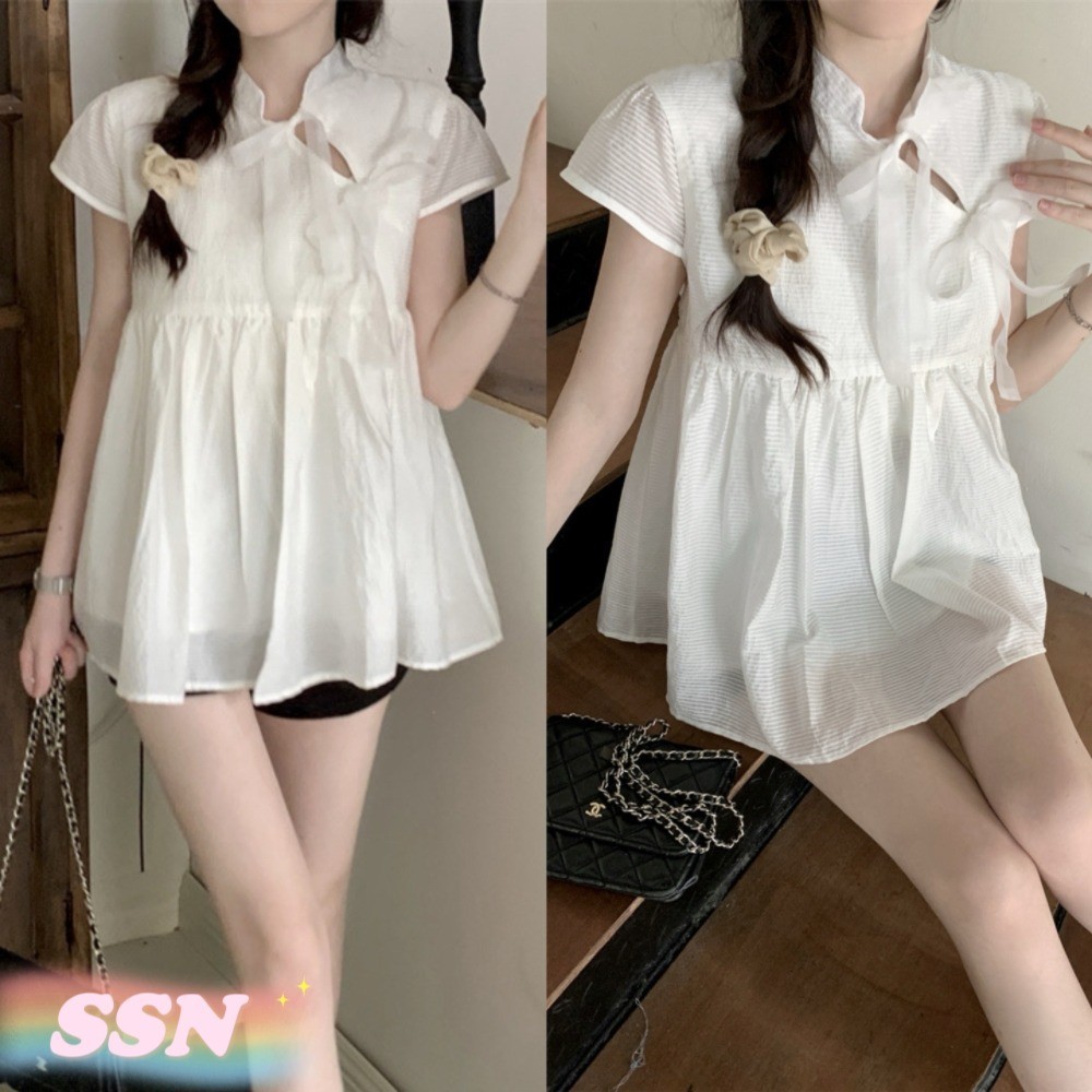 (จัดส่งจากกทม) เสื้อผูกเชือกสไตล์อ่อนโยนและหวาน เสื้อหลวมสีทึบคุณภาพสูงใหม่