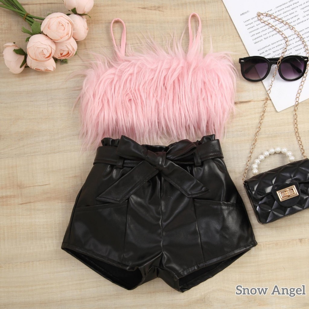 Grao-kid tiddings Girl Short Pants Dress Sleeve Plush Decor Sling Tops + กางเกงขาสั้นเอวยางยืดพร้อมชุดเข็มขัด