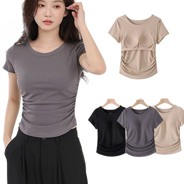 เสื้อครอปท็อป คอกลม แขนสั้น เสริมฟองน้ํา พรีเมี่ยม สําหรับผู้หญิง