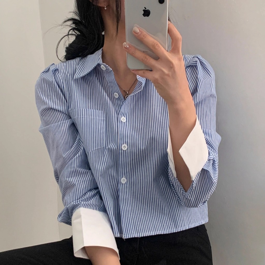 ccute พร้อมส่ง เสื้อครอป เชิ้ต แขนยาว โอเวอร์ไซส์ ทรงหลวม ด้านหน้าสั้น หลังยาว สไตล์ เกาหลี