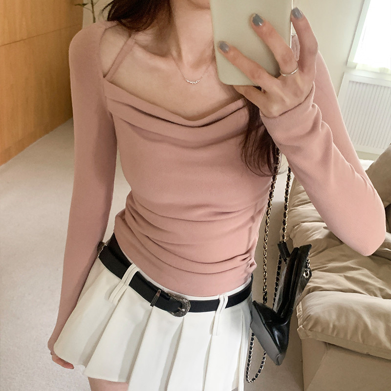 Suxi เสื้อยืดแขนยาว คอสี่เหลี่ยม เซ็กซี่ สไตล์เกาหลี เรียบง่าย สําหรับผู้หญิง 240221