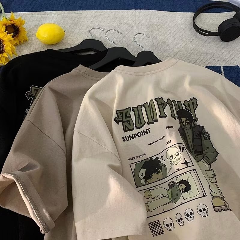 เสื้อ Oversize เสื้อยืด พิมพ์ลายการ์ตูนอนิเมะ สตรีทแดนซ์ สไตล์ญี่ปุ่น สําหรับผู้ชาย