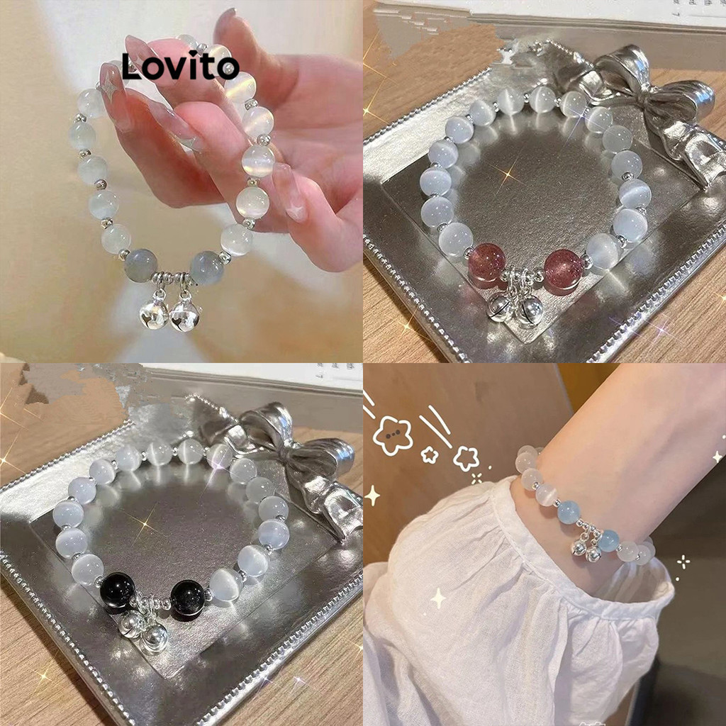 Lovito กำไลข้อมือผู้หญิง แต่งลูกปัด รูปดอกกุหลาบ ผีเสื้อ สีเรียบ เนื้อละเอียด ให้ความรู้สึกหรูหรา สไตล์ลำลอง LFA18676