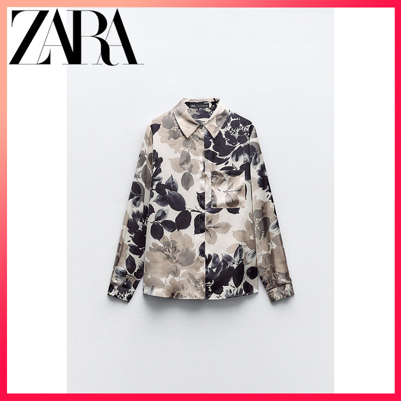 Zara ใหม่ เสื้อเชิ้ต ผ้าซาติน พิมพ์ลายดอกไม้ สําหรับผู้หญิง