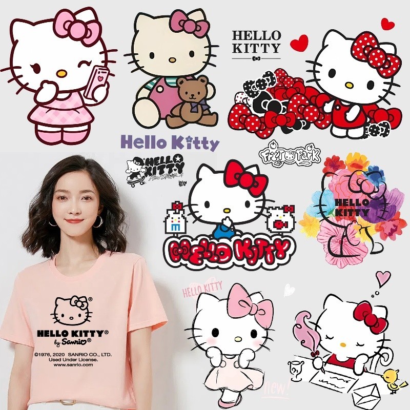 สติกเกอร์ผ้า พิมพ์ลาย Hello Kitty น่ารัก ซักทําความสะอาดได้ สําหรับตกแต่งเสื้อยืด DIY