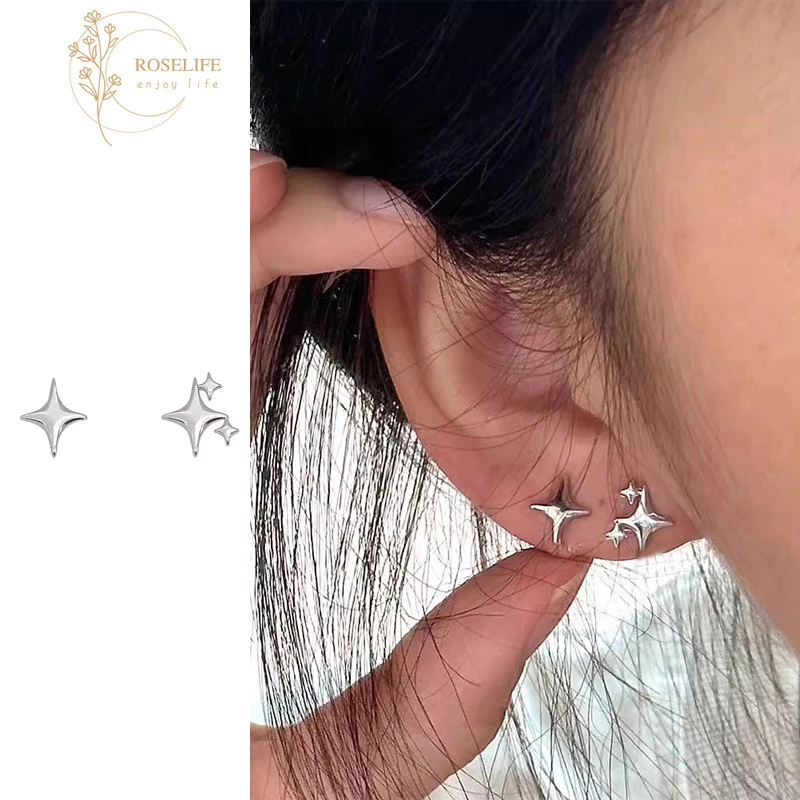 Roselife ต่างหูสตั๊ด รูปดาว สีเงิน สไตล์เกาหลี เรียบง่าย กันแพ้ สําหรับผู้หญิง ผู้ชาย 1 คู่